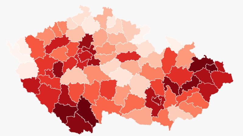 Koronavirová mapa: Nejtmavší jsou Moravskoslezský a Jihočeský kraj